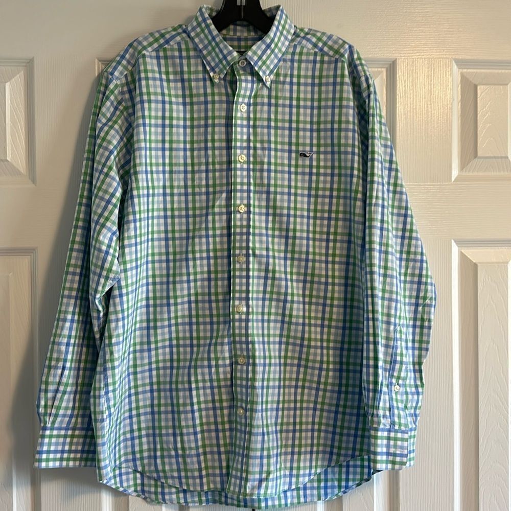 Vineyard Vines Men’s Slim Fit Whale Shirt in Blue & Green Checks, Size L